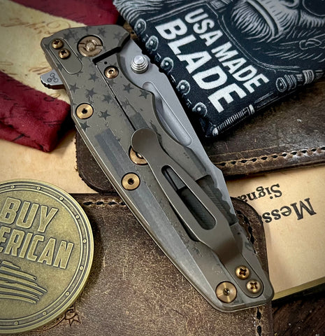 Battled Stars & Stripes Hinderer Eklipse 3.5" Skinny Fullered Harpoon Spanto Black G10 Battle Bronze Ti Working Finish Magnacut Blade Bronzed Out Hardware