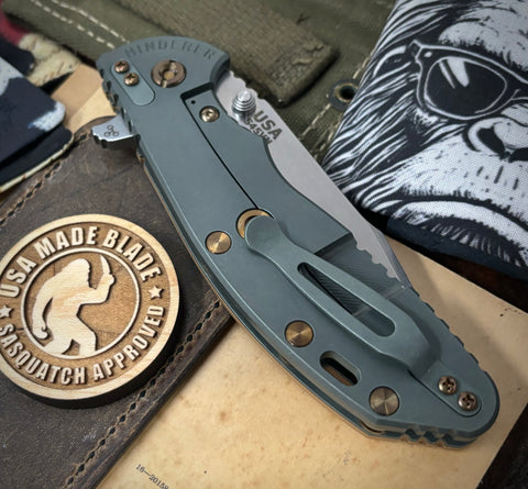 Ammo Can Green Hinderer XM-24 Harpoon Spanto Coyote G10 Anodized Working Finish Ti and S45VN Stonewashed Blade with Bronzed Out HW