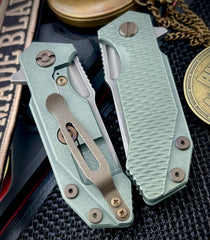 Ammo Can Green Hinderer Half Track Slicer Gen 2  Working Finish Textured Ti Presentation Side, Smooth Lock Side, and Working Finish Magnacut Blade with Bronzed Out Working Finish Hardware - USA MB