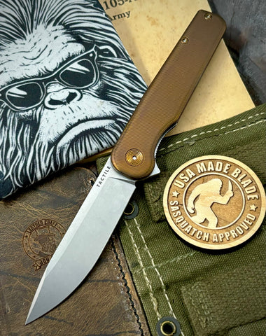 Antique Bronze Anodized Rockwall Flipper with Stonewashed Magnacut Blade Countoured Ti Handles with Ti Hardware from Tactile Knife Co.