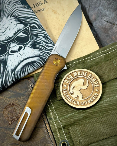 Antique Bronze Anodized Rockwall Flipper with Stonewashed Magnacut Blade Countoured Ti Handles with Ti Hardware from Tactile Knife Co.