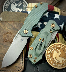 Ammo Can Green Slicer Hinderer Half Track Gen 2 Anodized Textured Ti Presentation Side, Smooth Ti Lockside Magnacut Working Finish Blade Bronzed Out HW