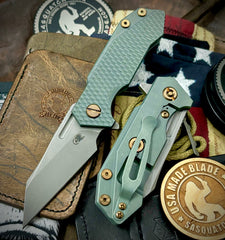 Ammo Can Green Wharnie Hinderer Half Track Gen 2 Anodized Textured Ti Presentation Side, Smooth Ti Lockside Magnacut Working Finish Blade Bronzed Out HW