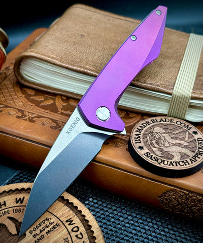 Koenig Mini Goblin Brightwash M390 Blade with Polished Flats Purple Anodized Ti Handles, Satin Ti Hardware, Stonewashed Back Spacer and Pocket Clip