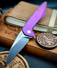Koenig Mini Goblin Brightwash M390 Blade with Polished Flats Purple Anodized Ti Handles, Satin Ti Hardware, Stonewashed Back Spacer and Pocket Clip