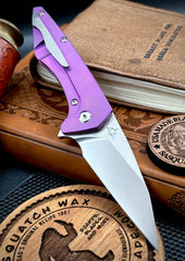 Koenig Mini Goblin Brightwash M390 Blade with Polished Flats Purple Anodized Ti Handles, Satin Ti Hardware, Stonewashed Back Spacer and Pocket Clip