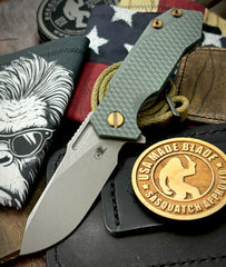 Ammo Can Green Slicer Hinderer Half Track Gen 2 Anodized Textured Ti Presentation Side, Smooth Ti Lockside Magnacut Working Finish Blade Bronzed Out HW
