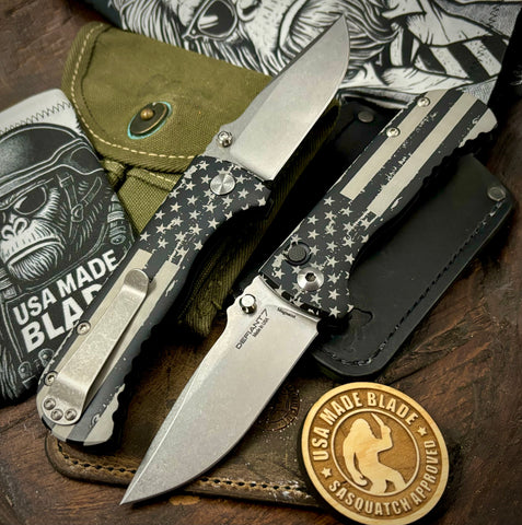Defiant-7 Talos Button Lock Battled Stars & Stripes with Magnacut Blade and Black Hardcoat Anodized Aluminum Handles