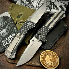 Defiant-7 Talos Button Lock Battled Stars & Stripes with Magnacut Blade and Black Hardcoat Anodized Aluminum Handles