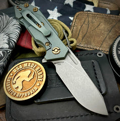 Ammo Can Green Slicer Hinderer Half Track Gen 2 Anodized Textured Ti Presentation Side, Smooth Ti Lockside Magnacut Working Finish Blade Bronzed Out HW
