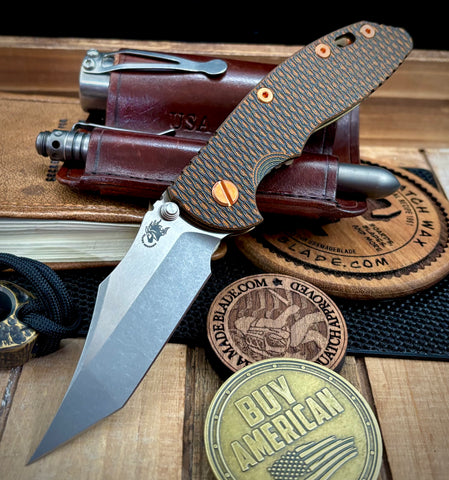 Hinderer XM-18 3.5" Non Flipper Aggressor Special Battle Finish Ti Orange/Black G10  Magnacut Two Tone Blade  and Copper Hardware