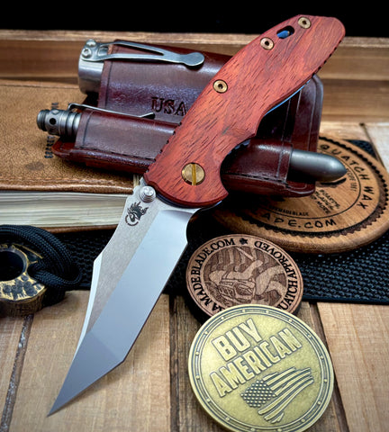 Hinderer XM-18 3.5" Non Flipper Aggressor Bead Blasted Blue Ti Textured Padauk scale with Magnacut Two Tone Blade  and Bronze ti hardware