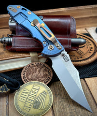 Hinderer XM-18 3.5" Non Flipper Aggressor Bead Blasted Blue Ti Textured Padauk scale with Magnacut Two Tone Blade  and Bronze ti hardware
