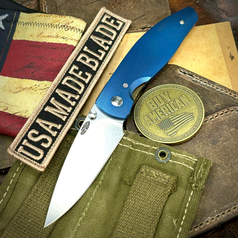 Carolina Blue TRM Atom with liner Lock with Pinstripe Titanium and Magnacut Steel Bronze Liners and Pocket Clip - USA MB