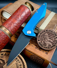 Koenig Mini Goblin Black DLC M390 Blade Blue Anodized Ti Handles, Satin Ti Hardware, Stonewashed Back Spacer and Pocket Clip