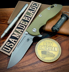 Hinderer XM-18 3.25 Fullered Harpoon Spanto OD Green G10 Battle Bronze Ti and Working Finish Magnacut Blade