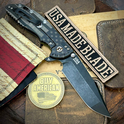 Distressed Battle Stars & Stripes Hinderer XM-24 Harpoon Spanto OD Green G10 Battle Black Ti and S45VN Battle Black Blade - USA MB