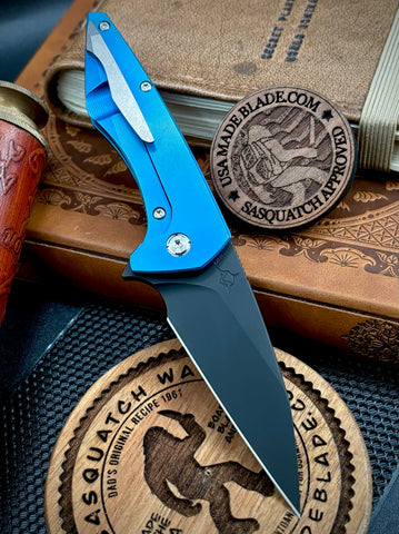 Koenig Mini Goblin Black DLC M390 Blade Blue Anodized Ti Handles, Satin Ti Hardware, Stonewashed Back Spacer and Pocket Clip