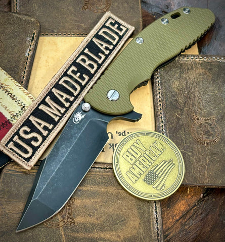 Distressed Battle Stars & Stripes Hinderer XM-24 Harpoon Spanto OD Green G10 Battle Black Ti and S45VN Battle Black Blade - USA MB