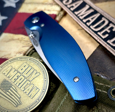 Carolina Blue TRM Atom with liner Lock with Pinstripe Titanium and Magnacut Steel Bronze Liners and Pocket Clip - USA MB