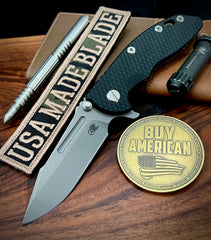 Hinderer XM-18 3.25 Fullered Harpoon Spanto Black G10 Battle Bronze Ti and Working Finish Magnacut Blade