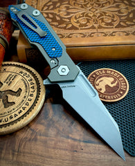 Hinderer Full Track Wharncliffe Battle Bronze Ti with Blue/Black G10 and Working Finish S45VN Blade - USA MB
