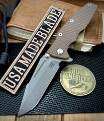 Hinderer Eklipse 3.5" Skinny Fullered Harpoon Spanto FDE G10 Battle Bronze Ti Working Finish Magnacut Blade - USA MB