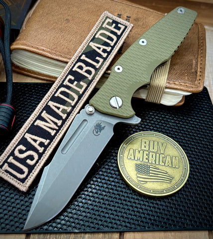 Hinderer Eklipse 3.5" Skinny Fullered Harpoon Spanto OD Green G10 Battle Bronze Ti Working Finish Magnacut Blade - USA MB