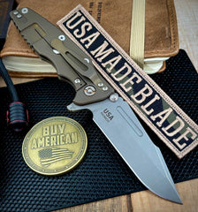 Hinderer Eklipse 3.5" Skinny Fullered Harpoon Spanto OD Green G10 Battle Bronze Ti Working Finish Magnacut Blade - USA MB