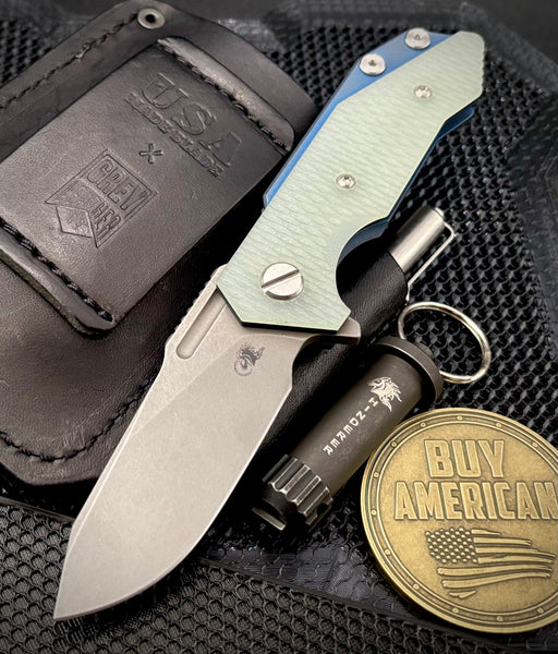 Hinderer Half Track Slicer Gen 2 Translucent Green G10 Battle Blue Ti and Working Finish Magnacut Blade