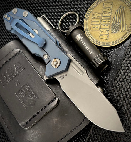 Hinderer Half Track Harpoon Slicer Gen 2 Translucent Green G10 Battle Blue Ti and Working Finish Magnacut Blade - USA MB