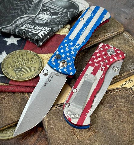 Defiant-7 Talos Button Lock Battled Stars & Stripes with Magnacut Blade and Blue/Red Hardcoat Anodized Aluminum Handles