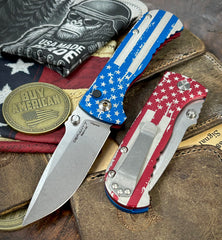 Defiant-7 Talos Button Lock Battled Stars & Stripes with Magnacut Blade and Blue/Red Hardcoat Anodized Aluminum Handles