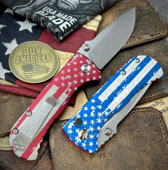 Defiant-7 Talos Button Lock Battled Stars & Stripes with Magnacut Blade and Blue/Red Hardcoat Anodized Aluminum Handles