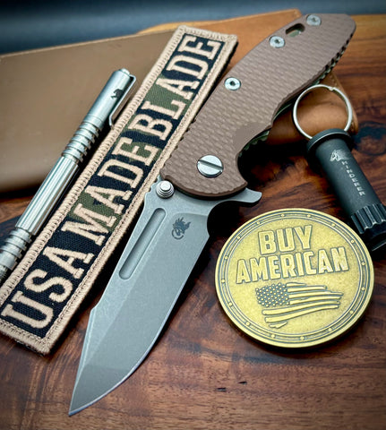 Hinderer XM-18 3.25 Fullered Harpoon Spanto FDE G10 Battle Green Ti and Working Finish Magnacut Blade