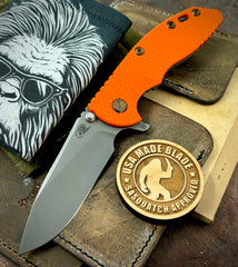 Battle Green Hinderer XM-18 3.5" Hollow Ground Slicer Anodized Ti Orange G10 20CV Working Finish Blade Bronzed Out HW