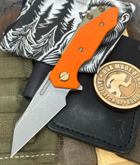 Battle Green Wharnie Hinderer Half Track Gen 2 Orange G10 Anodized Working Finish Ti with Working Finish Magnacut Blade and Bronzed Out HW