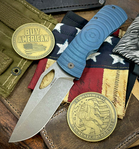 McNees Knives Dixon Full Ti Atomic Blue Shockwave Ti with 3.75" Magnacut Stonewashed Blade and Stonewashed Hardware - USA MB