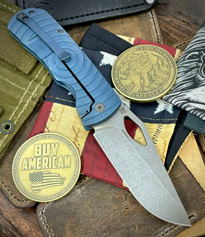 McNees Knives Dixon Full Ti Atomic Blue Shockwave Ti with 3.75" Magnacut Stonewashed Blade and Stonewashed Hardware - USA MB