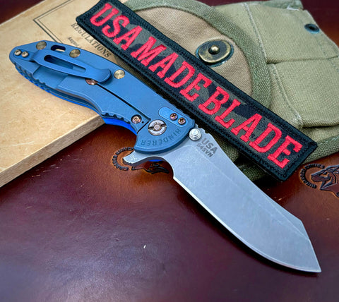 Bronzed Out Hinderer XM-18 3.5 Skinner Battle Blue Ti Blue G10 Working Finish S45VN Blade Bronze Heat Ano Hardware