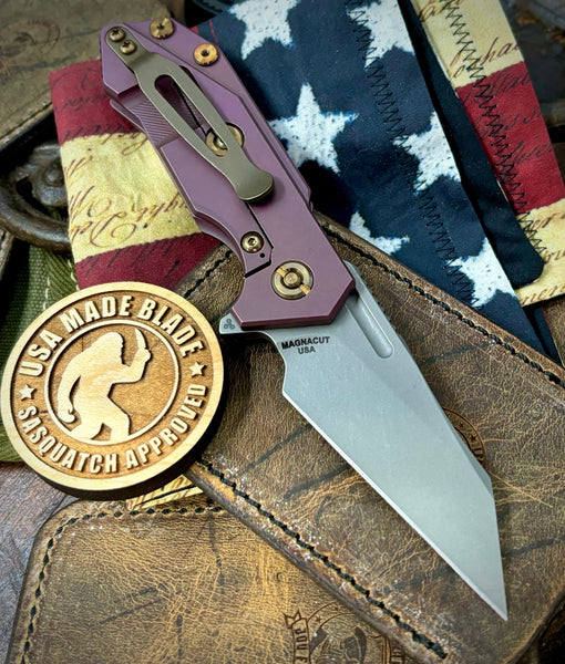 High Res Battle Purple Wharnie Hinderer Half Track Gen 2 Black G10 Anodized Working Finish Ti with Working Finish Magnacut Blade and Bronzed Out HW