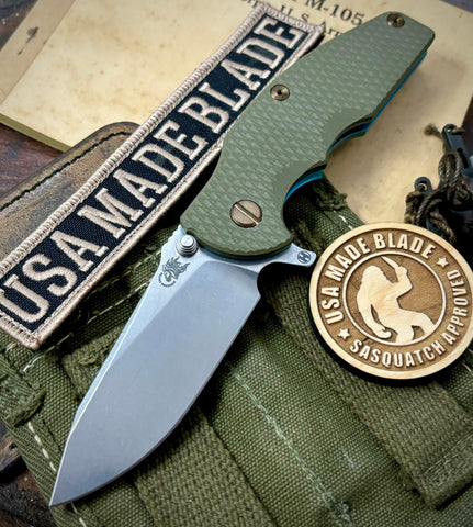 Brick Patterned Hinderer Jurassic Hollow Ground Slicer OD Green G10 Green Ti Stonewashed S45VN Blade Bronzed Out HW