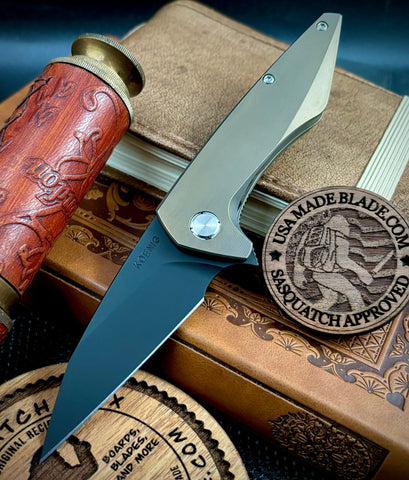 Koenig Mini Goblin Black DLC M390 Blade Bronze Anodized Ti Handles, Satin Ti Hardware, Stonewashed Back Spacer and Pocket Clip