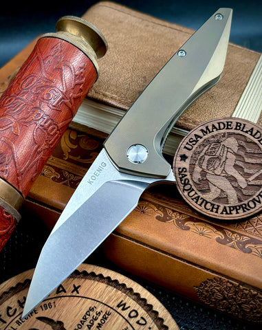 Koenig Mini Goblin Brightwash M390 Blade with Polished Flats Bronze Anodized Ti Handles, Satin Ti Hardware, Stonewashed Back Spacer and Pocket Clip