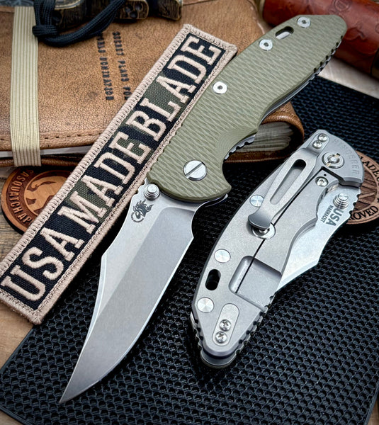 Hinderer XM-18 3.5 Non Flipper Bowie Bead Blast Ti OD Green G10 Stonewashed Magnacut Blade
