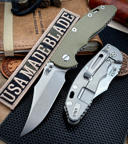 Hinderer XM-18 3.5 Non Flipper Bowie Bead Blast Ti OD Green G10 Stonewashed Magnacut Blade
