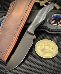 Koenig HELO Fixed Blade with Black DLC Magnacut Blade Black Micarta Handles and Leather Sheath   HELO711
