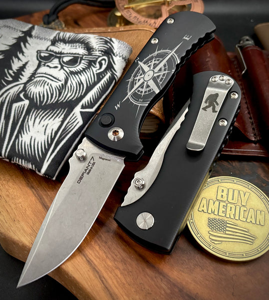 Squatchfinder Defiant-7 Talos Button Lock with Magnacut Blade and customized Black Hardcoat Anodized Aluminum Handles