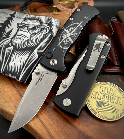 Squatchfinder Defiant-7 Talos Button Lock with Magnacut Blade and customized Black Hardcoat Anodized Aluminum Handles