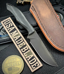 Koenig HELO Fixed Blade with Black DLC Magnacut Blade Black Micarta Handles and Leather Sheath   HELO711